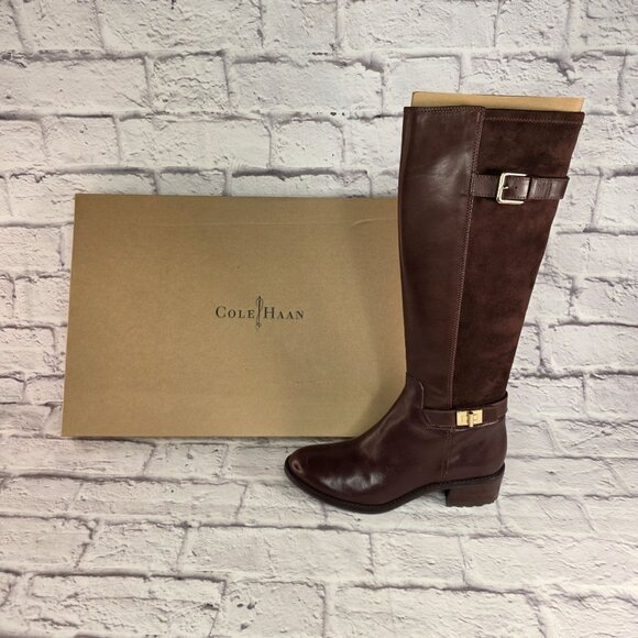 Cole Haan Womens Kinley Boots Sz 8 B Brown Leather & Suede Tall Riding w Box EUC - Picture 1 of 12